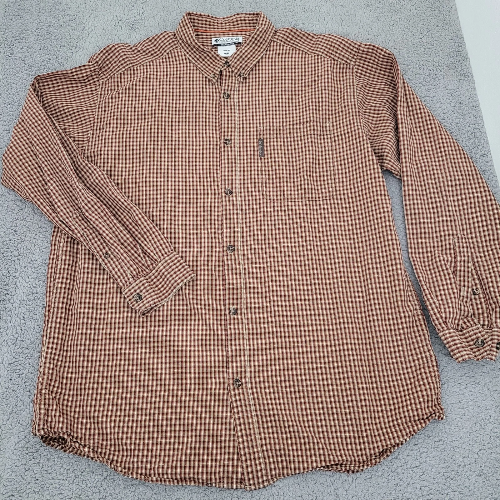 Columbia Mens Shirt XL Multicolor Brown Small Check Long Sleeve Button Front