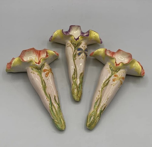 Art Nouveau Porcelain Wall Pocket Set Of 3 Flower Lady Legs Artist Signed MD.N. - Picture 2 of 20