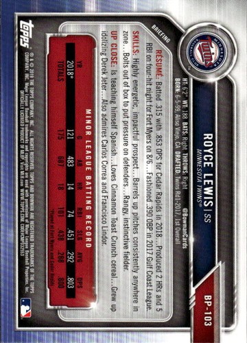 2019 Bowman Royce Lewis #BP-103 Prospects Minnesota Twins - Picture 2 of 2