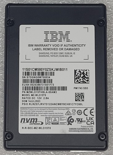 IBM Samsung 15.36TB MZ-WLO15T0 PM1743 Server SSD 2.5 NVME PCI-E 5 x4 U2/U3 4096