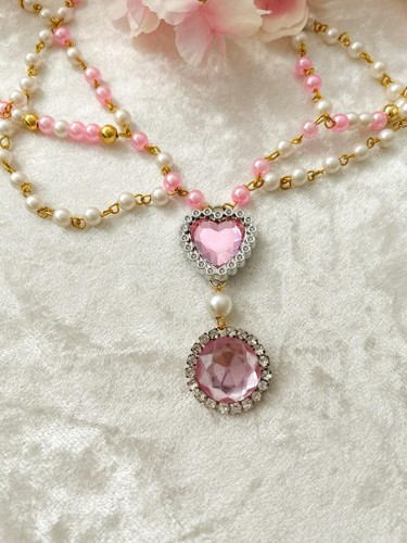 Handmade Pink Heart Choker Necklace & Earrings Set | Pearl Beaded Kawai Jewelry - Picture 7 of 7