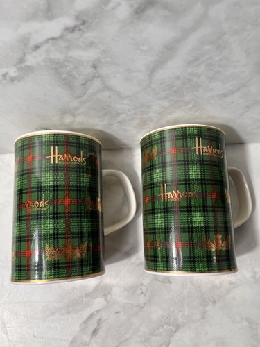 Rare Harrods Knightsbridge England Bone China Green Gold Red Plaid Coffee Tea Mg - Picture 8 of 12