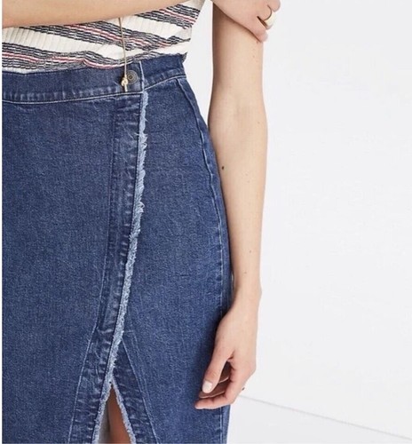 Madewell Midi Wrap Raw Hem Denim Zip Up Faux Wrap Mid Rise Skirt Size 26