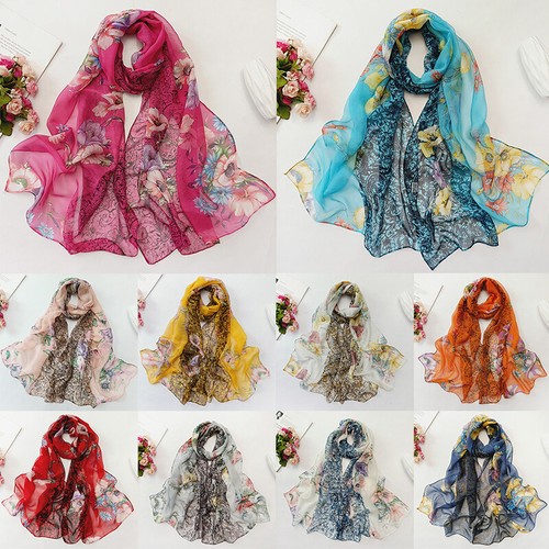 Women Silk Chiffon Flowers Printed Scarf Shawl Long Soft Wrap Scarves US - Picture 4 of 48