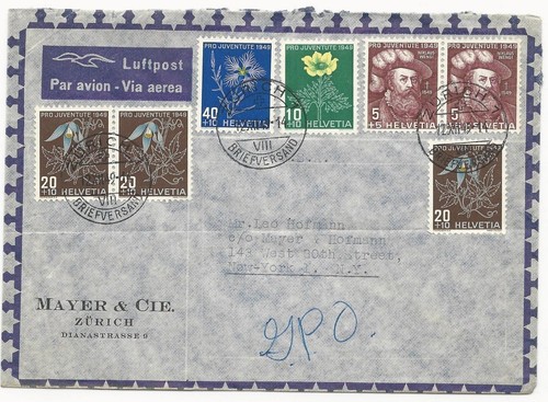 Switzerland Scott #B187-B190 on Air Mail Cover Zurich to New York July 12, 1949