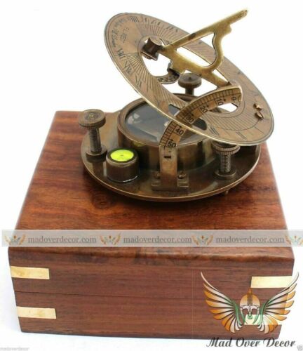 MARITIME COMPASS WEST LONDON BRASS SUNDIAL COMPASS WIT WOODEN BOX COMPASS SET 10 - Picture 1 of 7