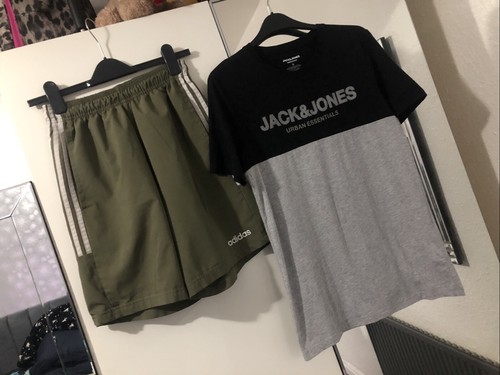 Adidas grün gefütterte Shorts Größe S W26-28in & Jack & Jones grau/schwarz Top 34-36in
