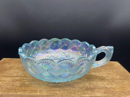 Vtg Imperial Iridescent Carnival Glass Pansy Quilted Nappy Diamond Icy Blue Dish