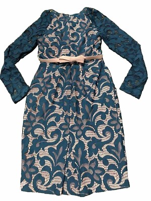 EVA FRANCO Blue Green Illusion Lace Long Sleeve Belted Bow Sheath Dress Sz  4 | eBay