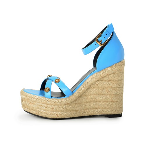 Versace Women's Blue Gold Medusa Leather Ankle Strap Wedges Sandals Shoes - Picture 2 of 8