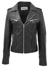 Womens Real Leather Biker Jacket Zipped Casual Style Kim Black