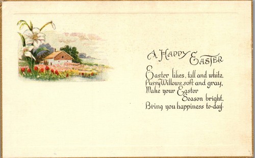 Vintage Oster Postkarte ~ Osterlilien groß und weiß Gedicht ~ unbenutzt  - Bild 1 von 3