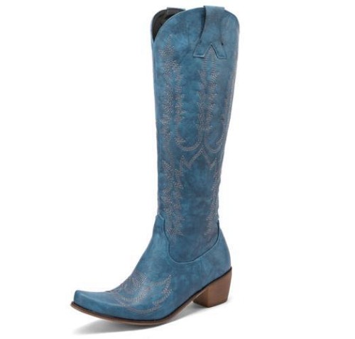 Botas altas para mujer bordadas a la rodilla zapatos tirantes tacones de bloque punta puntiaguda moda - Imagen 10 de 13