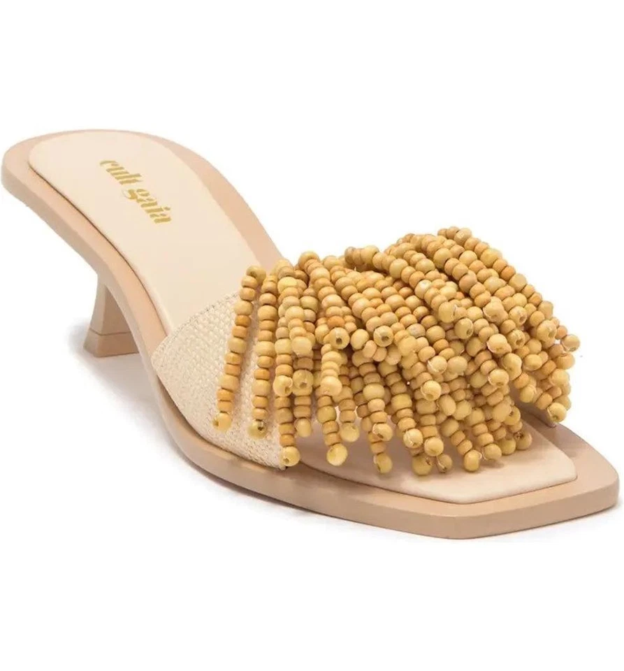 $495 - Cult Gaia Uma Beige Raffia Beaded Kitten Heel Size 6