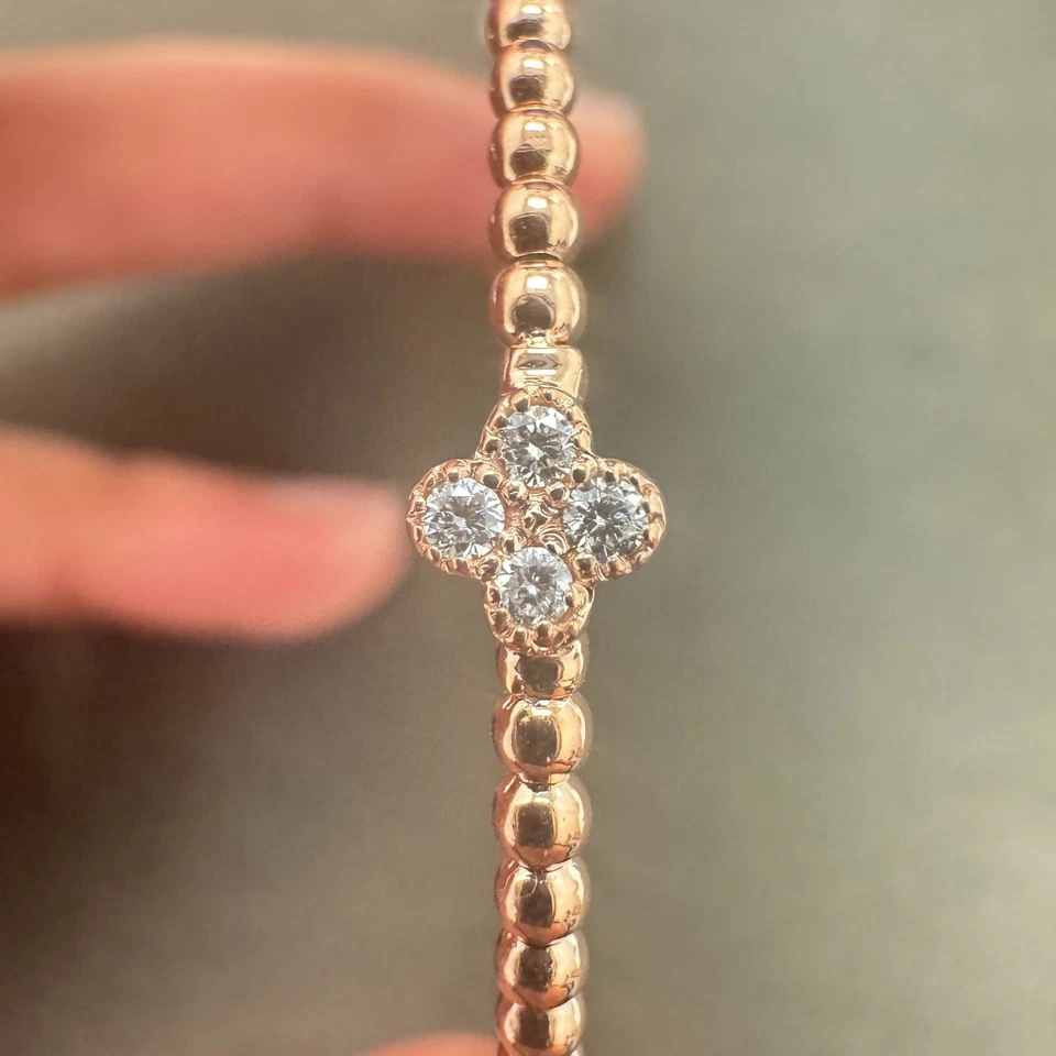 Real Natural Diamond Bracelet, Beaded Flexible Bangle, Flower Cluster, 14k Gold - Image 2 of 4