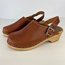 MIA Swedish Alma Clog Brown Luggage Leather Wood Mule Slingback EU35 US Size 5