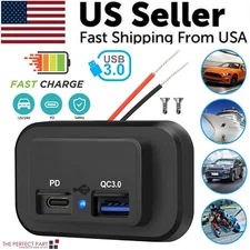 12-24V Dual USB PD & QC3.0 Car Fast Charger Socket LED Power Outlet for Boat RV