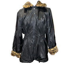 Cavalini Jacket Reversible Leopard Print Faux Fur Or Black Coat Size Large