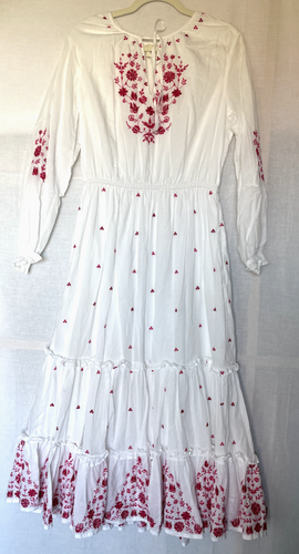 DILLI GREY Dress 12 White & Pink Lined Cotton Embroidered Midaxi Length
