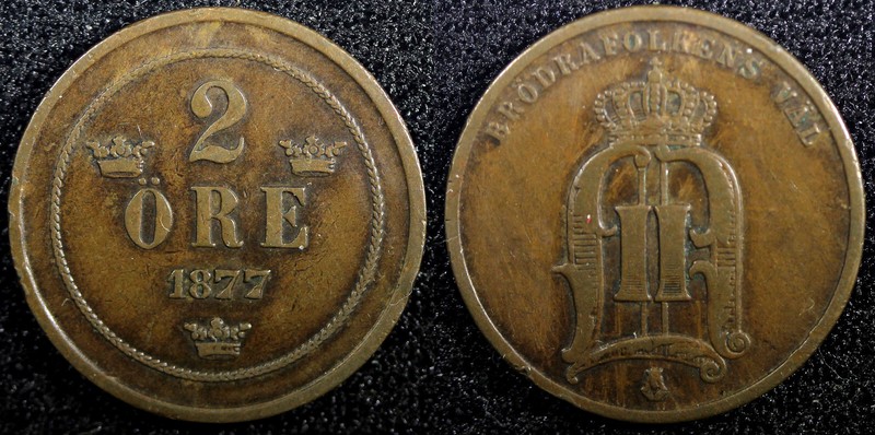 Sweden Oscar II Copper 1877 2 Ore Choice VF  KM# 735   (23 135)