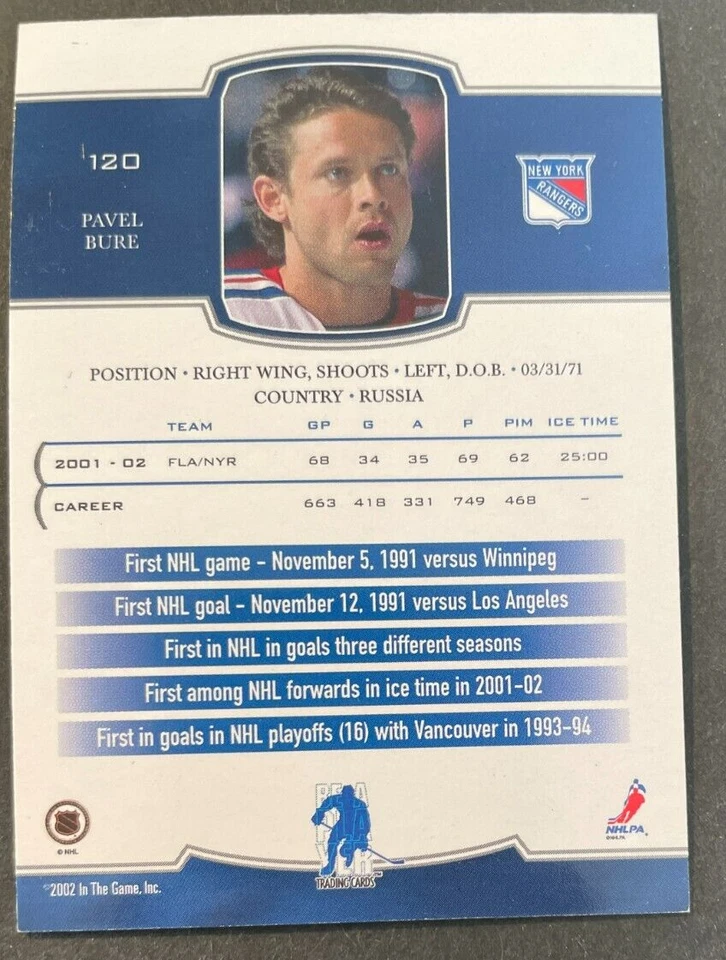Pavel BURE 2002-03 In The Game Be A Player First Edition #120 New York Rangers - Image 2 of 2