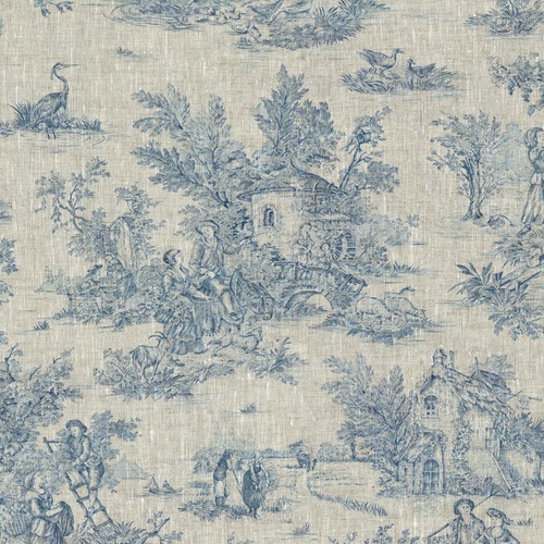 Textiles français Toile de Jouy LINEN Fabric (La Grande Vie Rustique) Blue - Picture 2 of 7