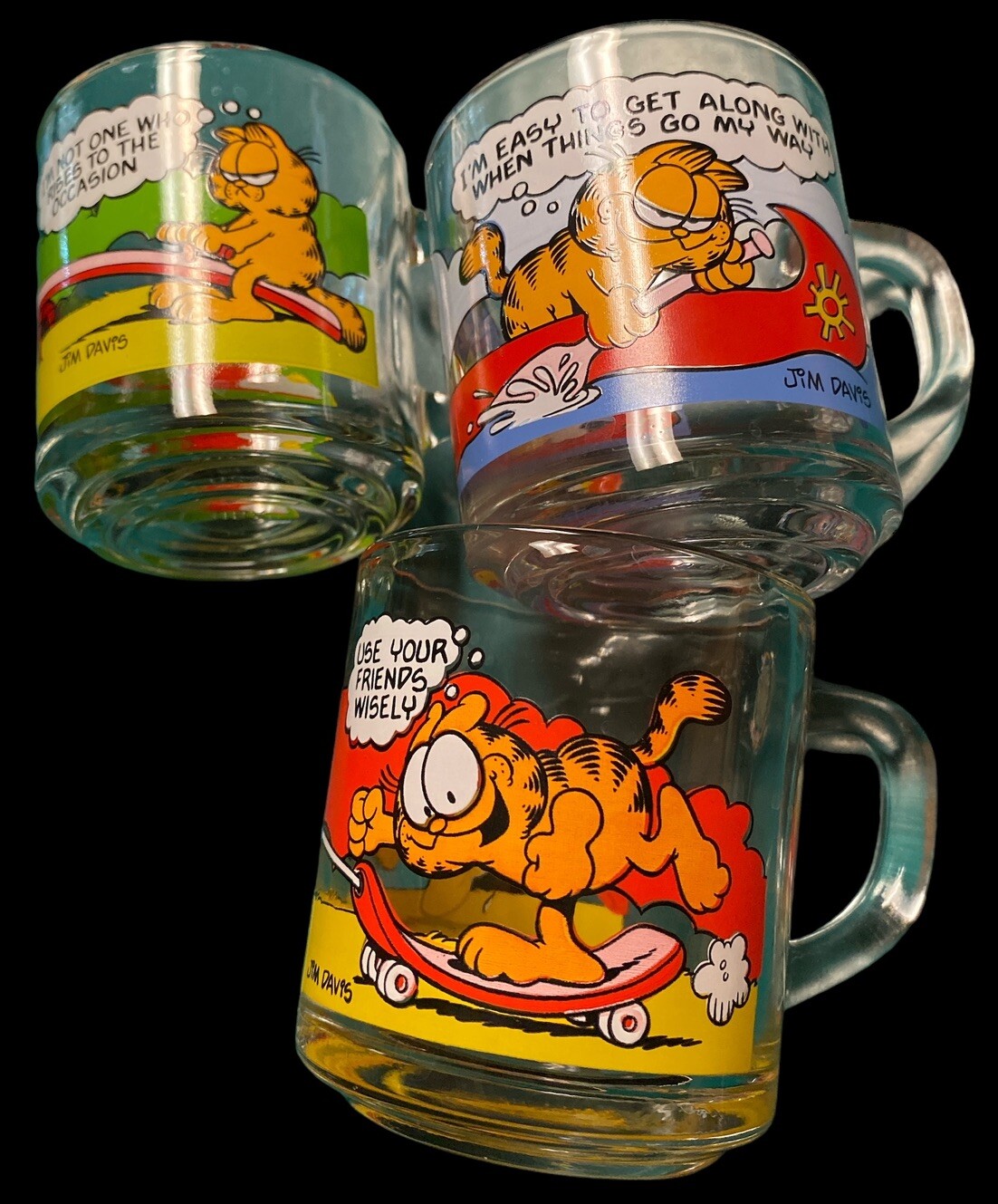 1978-1980 Garfield And Otis Glass Mugs Set Of 3 McDonald’s Glasses 