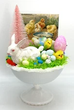 Vintage Easter Assemblage Display Milk Glass Dish Lefton  Rabbit