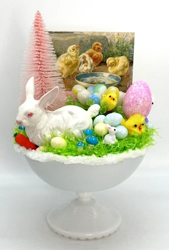 Vintage Easter Assemblage Display Milk Glass Dish Lefton  Rabbit