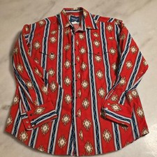 Vintage Wrangler Button-Up Shirt Men's L Red Aztec Western Cowboy Pearl Snap Y2K