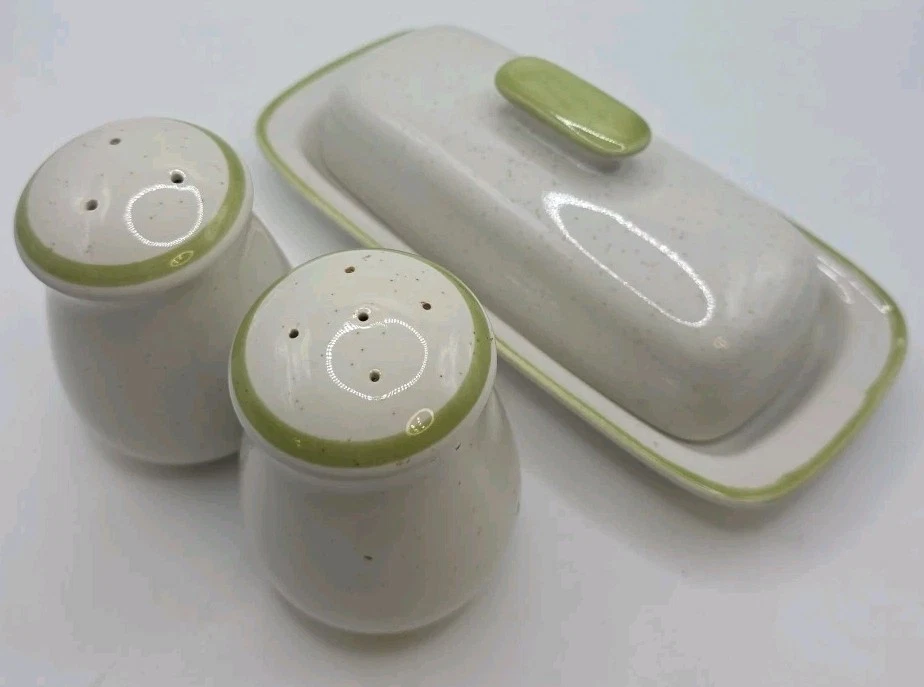 Vintage Butter Dish Country Casual Stoneware S&P Shakers Japan Avocado RETRO 3pc
