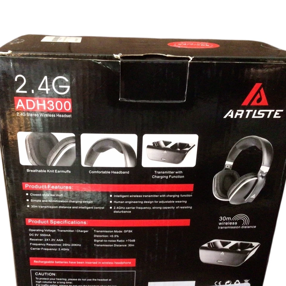 Artiste ADH300 беспроводные ТВ-наушники 2,4 ГГц перезаряжаемые с док-станцией - НОВЫЕ - Изображение 3 из 3