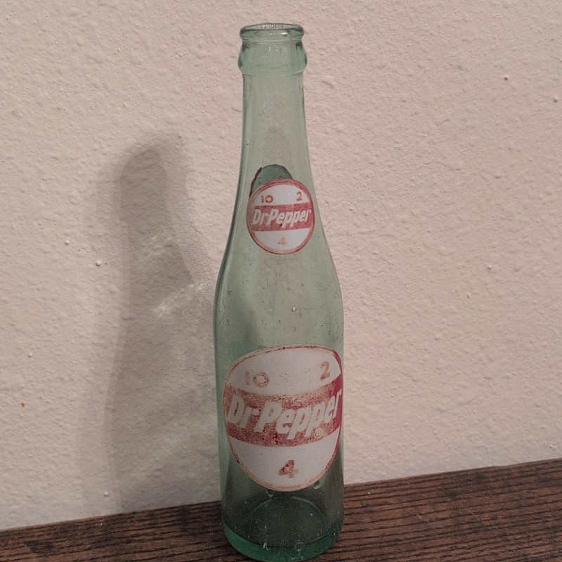 Dr Pepper Vintage Green Glass Soda Bottle w/ Paper Labels, Logo