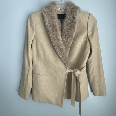 Banana Republic Fur Collar Wool Camel Coat Size 6 Side Tie Belted Italy Preppy