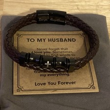 Braided Leather Black Bracelet Magnetic Closure Cross/Love you forever  always