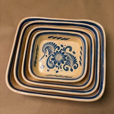 Set Of 4 Antique Tonala Mexican Casserole Dishes Hand Painted Terracotta Pottery