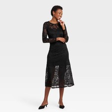 Women Long Sleeve Midi Lace Dress - A New Day Black Floral
