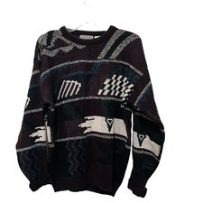 Vintage Method Mens Medium Geometric Abstract Knit Sweater Burgundy 90s Retro