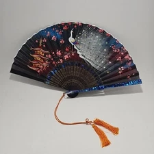 Enchanting Asian Decorative Hand Fan with Crane and Cherry Blossom Design