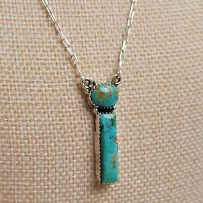 Artisan-Made 2-Stone Turquoise 925 Sterling Silver 16-18'' Necklace. Wow Color! 
