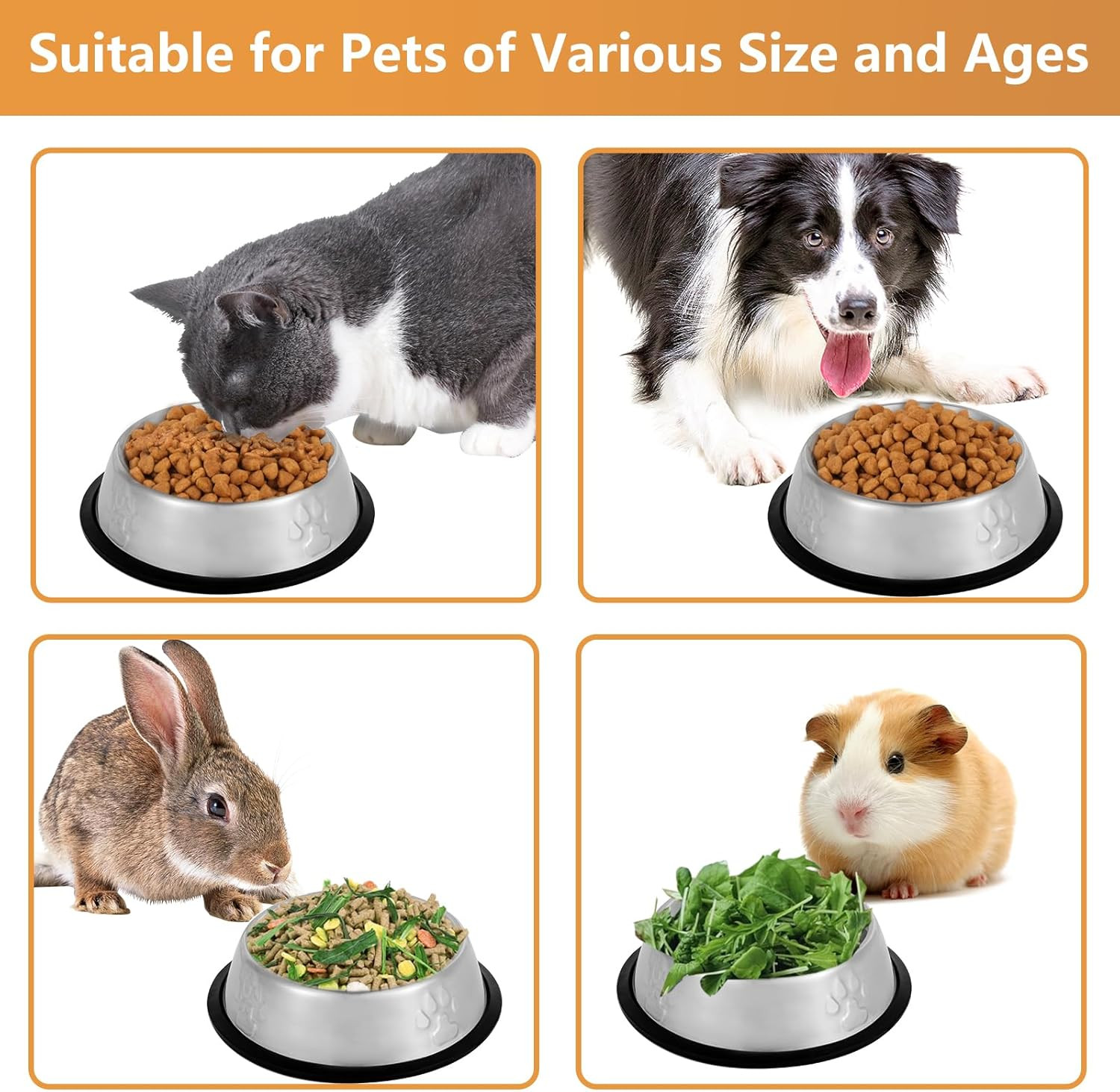 Stainless Steel Cat Dog Bowls 2Pk Non Slip Pet Feeding Dishes For Food Water