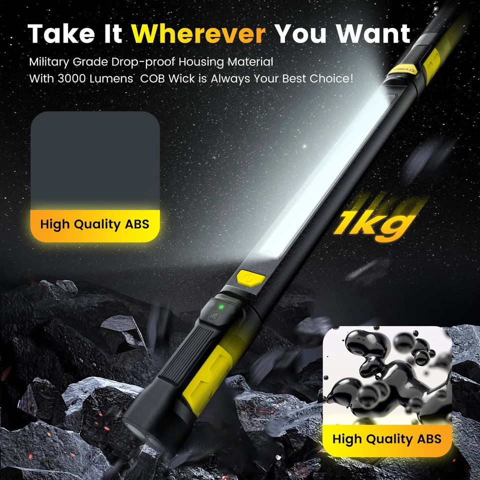 3000LM LED Work Light 5200mAh Magnetic Rechargeable Cordless Worklight with Hook - Image 3 of 4