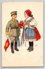 Vintage European Soldier and Woman in Folk Costume Postcard K Art
