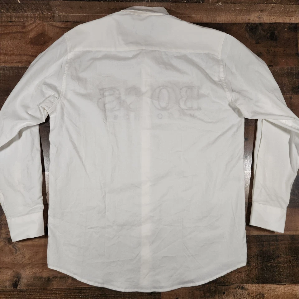 Camisa Hugo Boss Hombres XL Blanca Marrón Deletrear Botón Abotonado Calce Ajustado Elastizado Foto 3 de 4