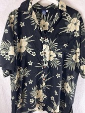 hibiscus collection hawaii shirt Medium Black Floral Rayon Free Shipping Vtg
