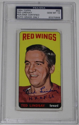TED LINDSAY SIGNED 1964 TOPPS HOCKEY CARD #82 PSA/DNA AUTHENTICATED MINT 10 AUTO