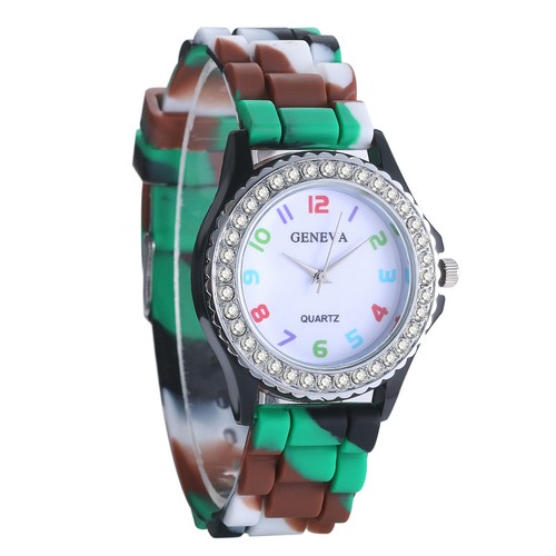 Women Girls Rainbow Silicone Jelly Watch Camouflage Rhinestone Quartz Wristwatch - Picture 18 of 20