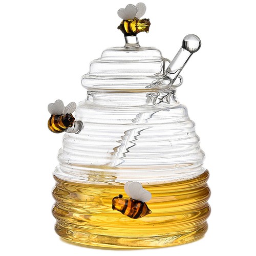 Honey Jar Glass Honey Dispenser Glass Honey Jar With Dipper Lid Kitchen - Picture 8 of 11
