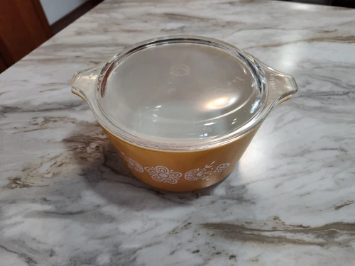 VTG Pyrex Butterfly Gold #473 1Qt Casserole Baking Dish Pyrex Glass w/ 470-C Lid