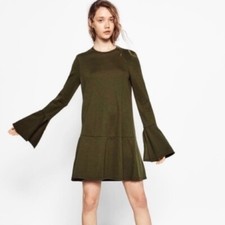 Zara Trafaluc Olive Green Bell Sleeve Mini Dress M